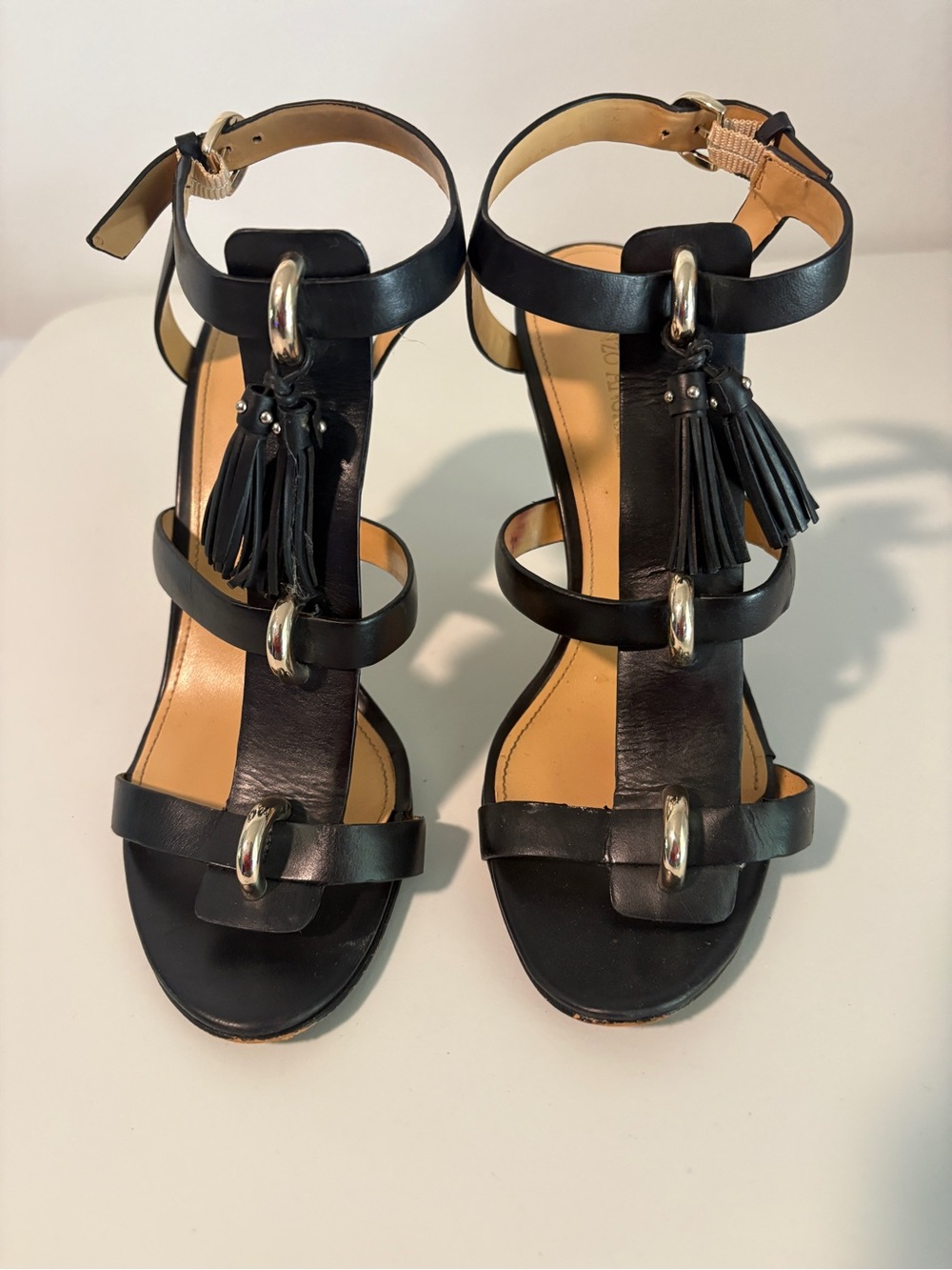 Enzo Angiolini Black Leather Tassel T-Strap Heels - Women